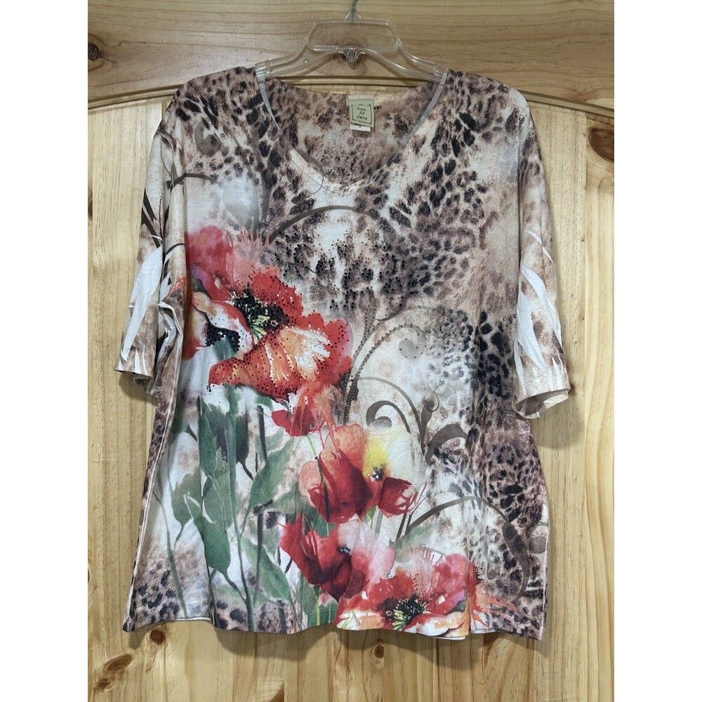 Jess & Jane Women’s Short Sleeve Tunic V Neck Leopard Print Red Floral Size XL